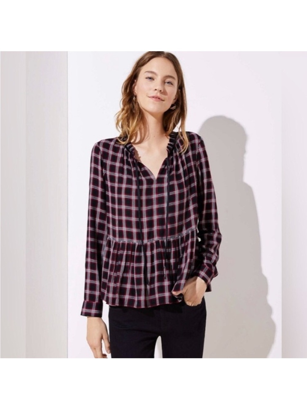 LOFT Plaid Peplum Long-Sleeve Top